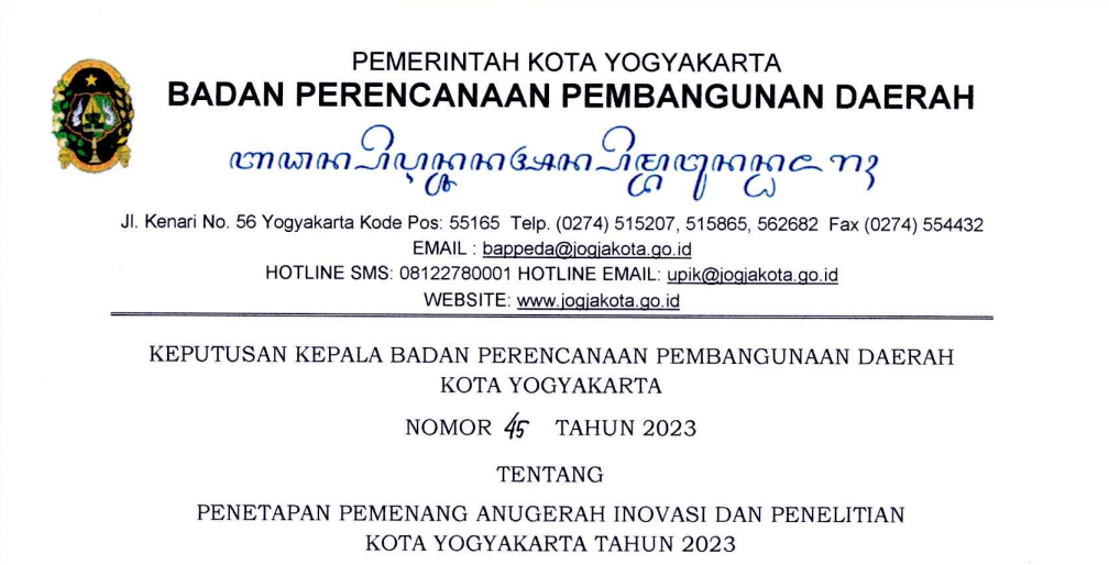 Pengumuman Pemenang Anugerah Inovasi dan Penelitian Kota Yogyakarta Tahun 2023